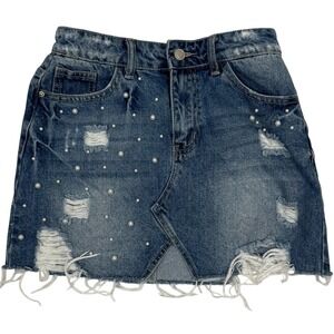 Y2K Pearl Studded Distressed Denim Mini Skirt Grunge‎ Indie